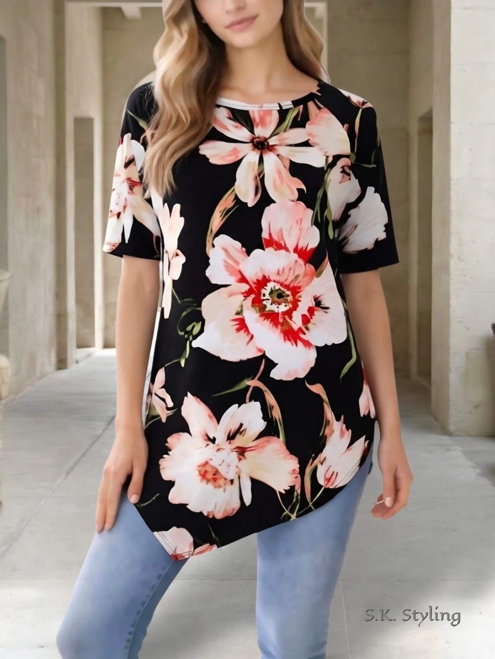 Karen Kane Asymmetric Stretch Liquid Knit Tunic Top Bold Botanical Floral Large